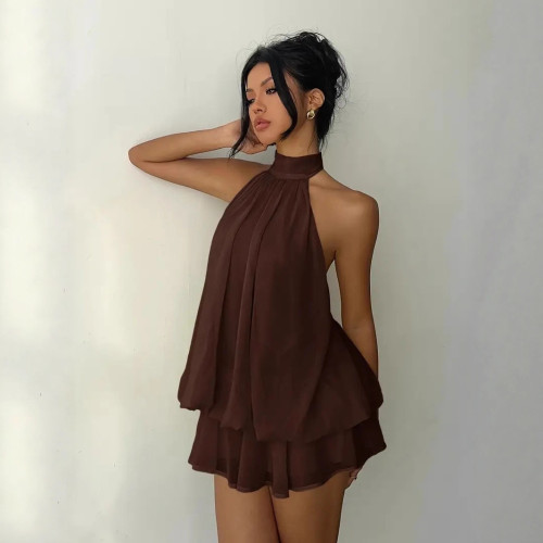 Backless hanging neck tied waist top, fluffy short skirt dress