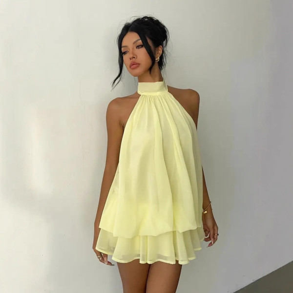 Backless hanging neck tied waist top, fluffy short skirt dress