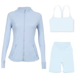 Sports slimming yoga suit, stand up collar jacket, Y-shaped vest, five piece pants, three piece set