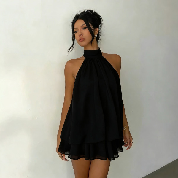 Backless hanging neck tied waist top, fluffy short skirt dress