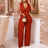 Suit collar, waistband, chain, loose wide leg jumpsuit