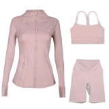 Sports slimming yoga suit, stand up collar jacket, Y-shaped vest, five piece pants, three piece set