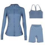 Sports slimming yoga suit, stand up collar jacket, Y-shaped vest, five piece pants, three piece set