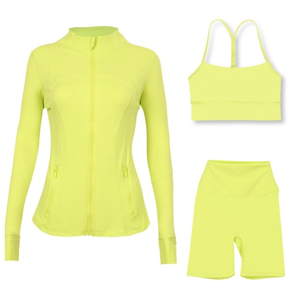Sports slimming yoga suit, stand up collar jacket, Y-shaped vest, five piece pants, three piece set