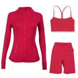 Sports slimming yoga suit, stand up collar jacket, Y-shaped vest, five piece pants, three piece set
