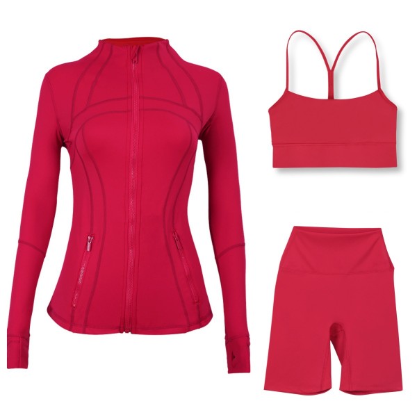 Sports slimming yoga suit, stand up collar jacket, Y-shaped vest, five piece pants, three piece set