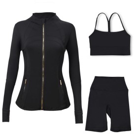 Gold zipper sports slim yoga suit, stand up collar jacket, Y-shaped vest, five piece pants, three piece set