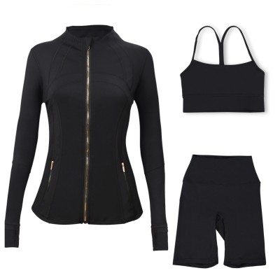 Gold zipper sports slim yoga suit, stand up collar jacket, Y-shaped vest, five piece pants, three piece set