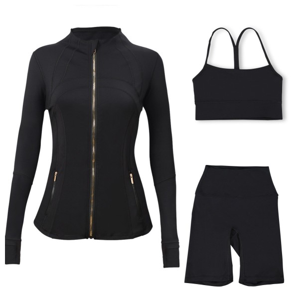 Gold zipper sports slim yoga suit, stand up collar jacket, Y-shaped vest, five piece pants, three piece set