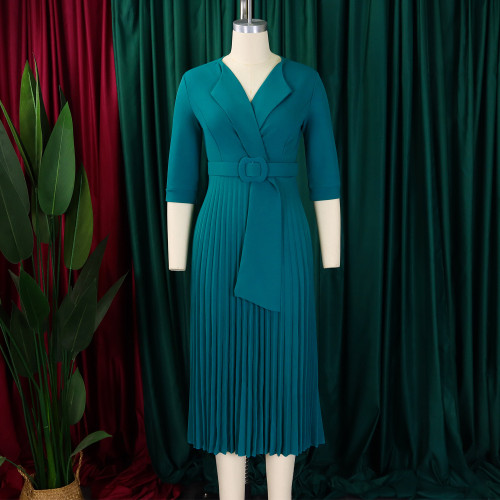 Suit collar pleated waist cinched plus size dress