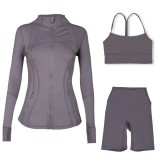 Sports slimming yoga suit, stand up collar jacket, Y-shaped vest, five piece pants, three piece set