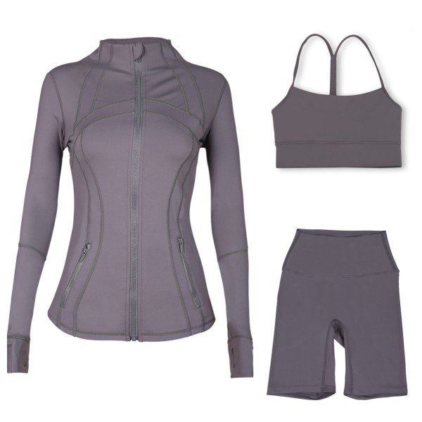 Sports slimming yoga suit, stand up collar jacket, Y-shaped vest, five piece pants, three piece set