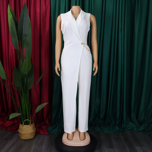 Suit collar, waistband, chain, loose wide leg jumpsuit