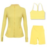 Sports slimming yoga suit, stand up collar jacket, Y-shaped vest, five piece pants, three piece set