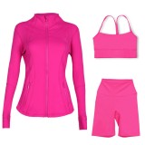 Sports slimming yoga suit, stand up collar jacket, Y-shaped vest, five piece pants, three piece set