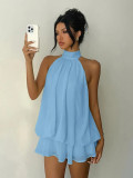 Backless hanging neck tied waist top, fluffy short skirt dress