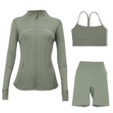 Sports slimming yoga suit, stand up collar jacket, Y-shaped vest, five piece pants, three piece set
