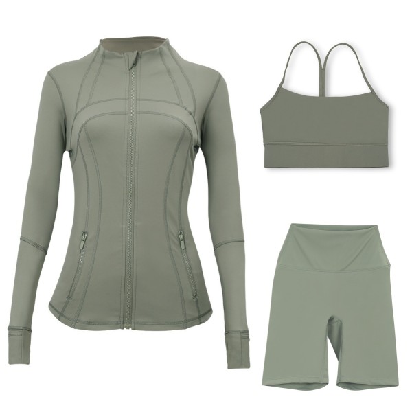 Sports slimming yoga suit, stand up collar jacket, Y-shaped vest, five piece pants, three piece set