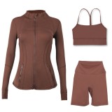 Sports slimming yoga suit, stand up collar jacket, Y-shaped vest, five piece pants, three piece set