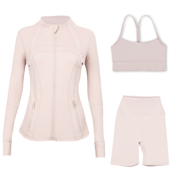 Sports slimming yoga suit, stand up collar jacket, Y-shaped vest, five piece pants, three piece set