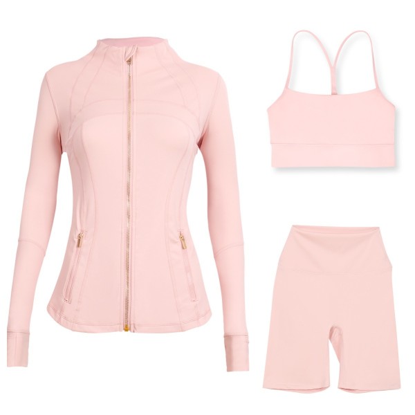 Gold zipper sports slim yoga suit, stand up collar jacket, Y-shaped vest, five piece pants, three piece set