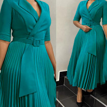 Suit collar pleated waist cinched plus size dress