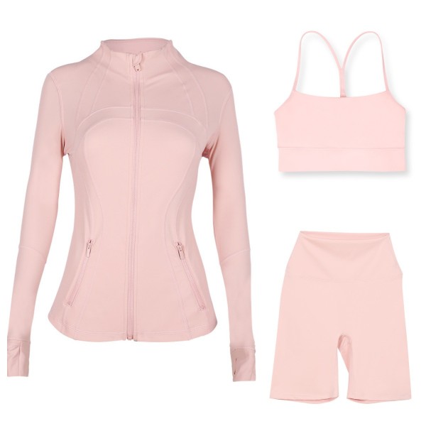 Sports slimming yoga suit, stand up collar jacket, Y-shaped vest, five piece pants, three piece set