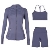 Sports slimming yoga suit, stand up collar jacket, Y-shaped vest, five piece pants, three piece set