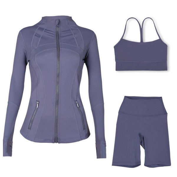 Sports slimming yoga suit, stand up collar jacket, Y-shaped vest, five piece pants, three piece set