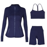 Sports slimming yoga suit, stand up collar jacket, Y-shaped vest, five piece pants, three piece set