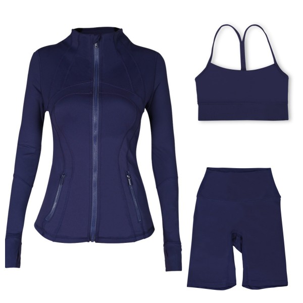 Sports slimming yoga suit, stand up collar jacket, Y-shaped vest, five piece pants, three piece set