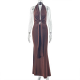 Hanging neck, waist, folded straps, hip hugging skirt, dress