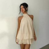 Backless hanging neck tied waist top, fluffy short skirt dress