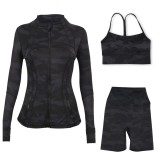 Sports slimming yoga suit, stand up collar jacket, Y-shaped vest, five piece pants, three piece set