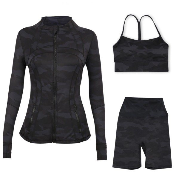 Sports slimming yoga suit, stand up collar jacket, Y-shaped vest, five piece pants, three piece set