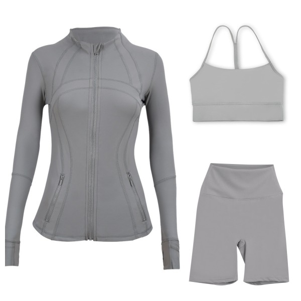 Sports slimming yoga suit, stand up collar jacket, Y-shaped vest, five piece pants, three piece set