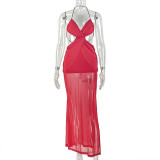 Backless pleated hip hugging skirt, neck and chest wrapped cross solid color long dress