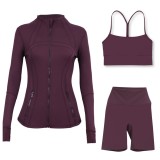 Sports slimming yoga suit, stand up collar jacket, Y-shaped vest, five piece pants, three piece set