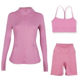 Sports slimming yoga suit, stand up collar jacket, Y-shaped vest, five piece pants, three piece set