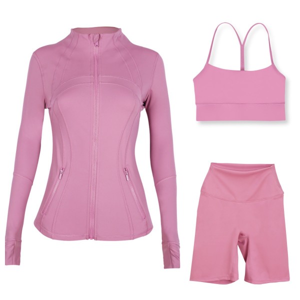 Sports slimming yoga suit, stand up collar jacket, Y-shaped vest, five piece pants, three piece set