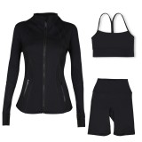 Sports slimming yoga suit, stand up collar jacket, Y-shaped vest, five piece pants, three piece set