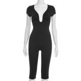 U-shaped collar, sleeves, solid color, elastic zipper, seven part jumpsuit