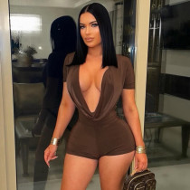 Deep V-neck short sleeved tight jumpsuit shorts Deep V-neck short sleeved tight jumpsuit shorts
