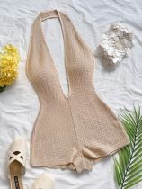 Backless V-neck striped halter jumpsuit