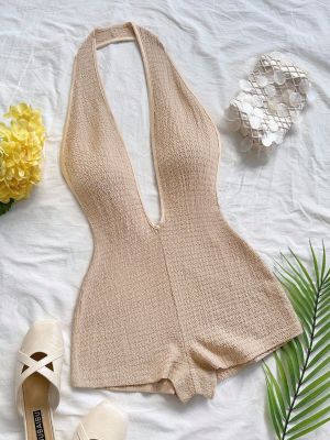 Backless V-neck striped halter jumpsuit