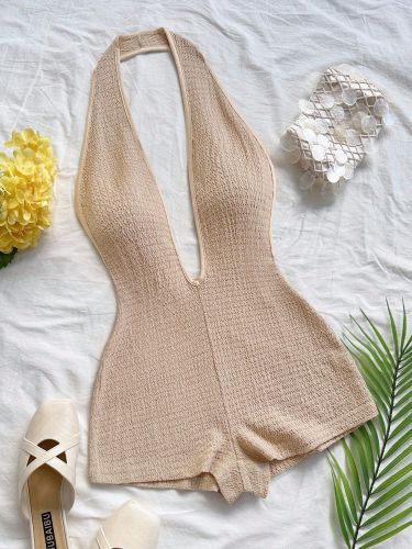 Backless V-neck striped halter jumpsuit