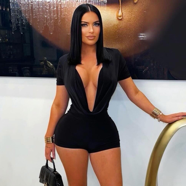 Deep V-neck short sleeved tight jumpsuit shorts