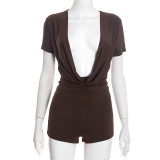 Deep V-neck short sleeved tight jumpsuit shorts
