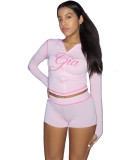 Printed hooded long sleeved shorts two-piece set
