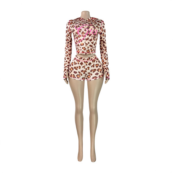 Printed hooded long sleeved shorts two-piece set